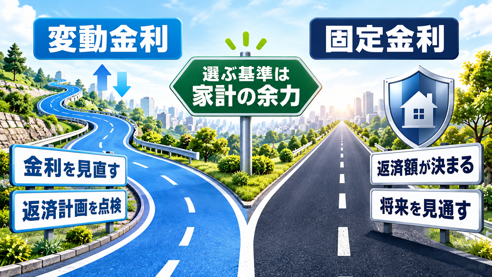 変動金利は金利を見直し返済計画を点検し、固定金利は返済額が決まり将来を見通すことを示す2本の返済ロード