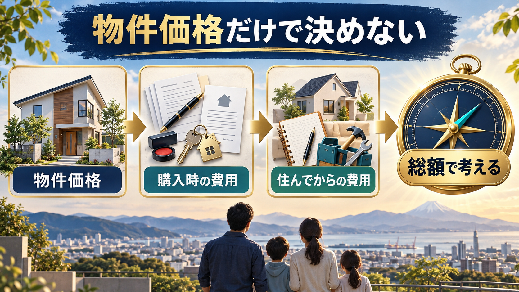 物件価格、購入時の費用、住んでからの費用を矢印でつなぎ、住宅購入の総額で考える費用フロー