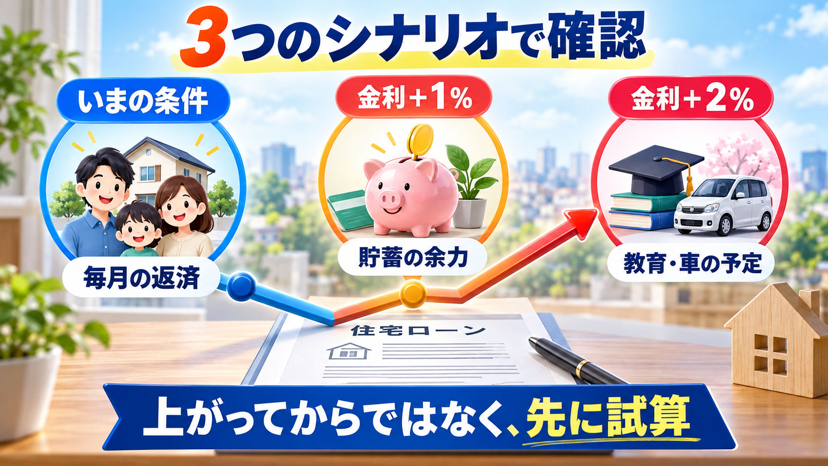 いまの条件、金利プラス1パーセント、金利プラス2パーセントの3つで、毎月の返済、貯蓄の余力、教育や車の予定を確認する図解