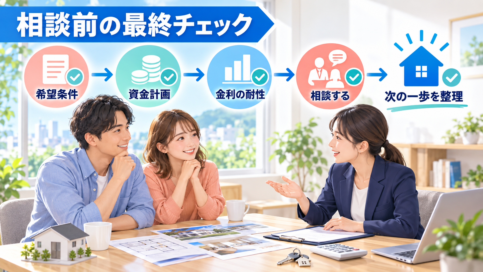 希望条件、資金計画、金利の耐性、相談するという4つの相談前チェックを示す図解