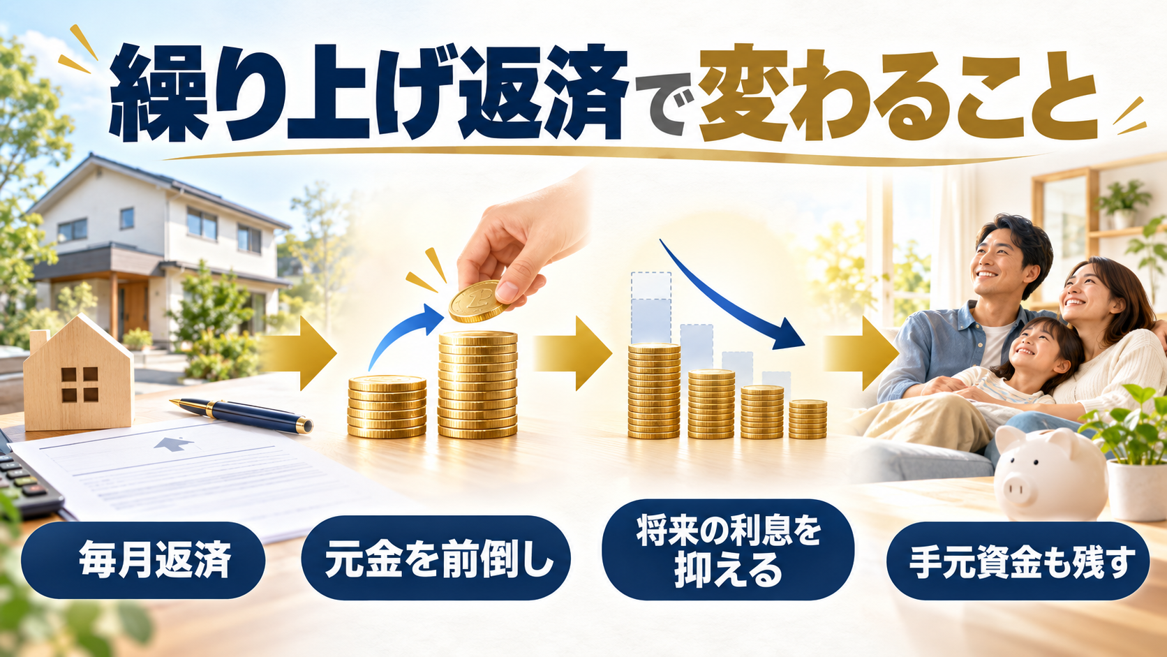 毎月返済に加えて元金を前倒しで返すと、以後の利息を抑える考え方を示す費用フロー図