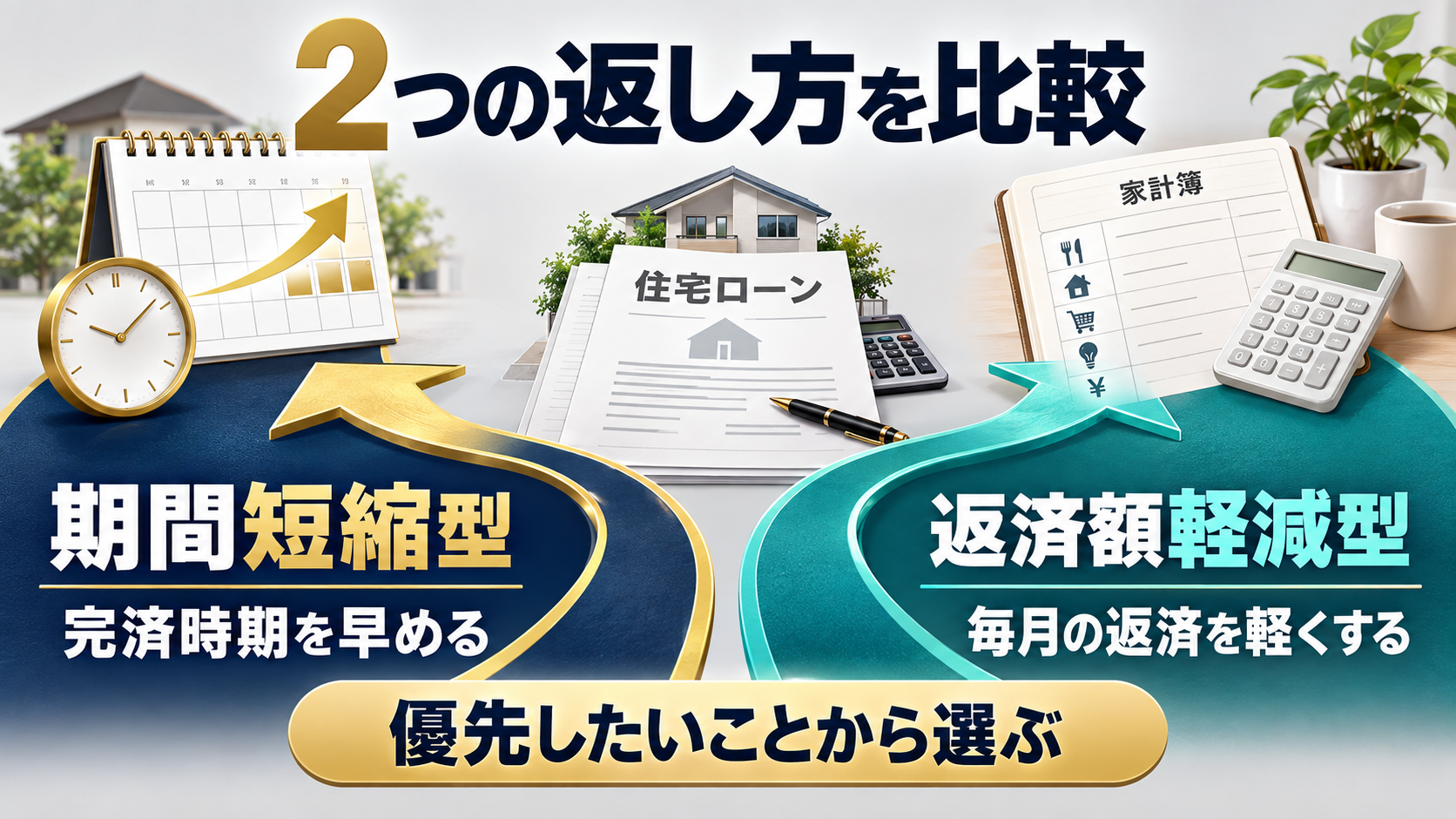 期間短縮型は完済時期を早め、返済額軽減型は毎月の返済を下げるという2つの選択肢を比較した図解
