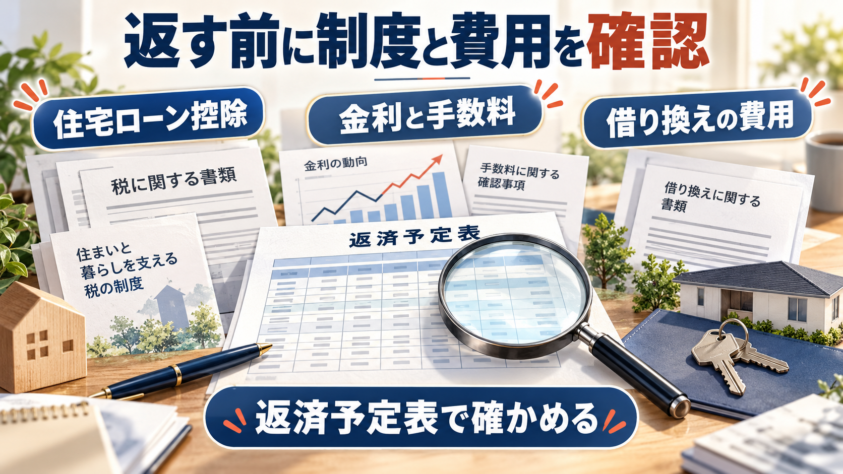 繰り上げ返済の前に、住宅ローン控除の残り期間、金利、借り換え費用を確認する書類と虫眼鏡の図解