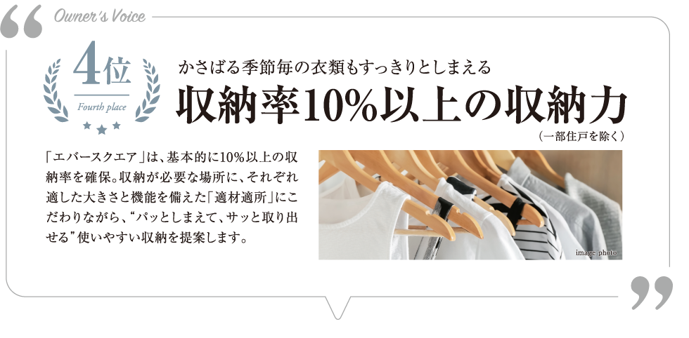 4位　かさばる季節毎の衣類もすっきりとしまえる、収納率10%以上の収納力